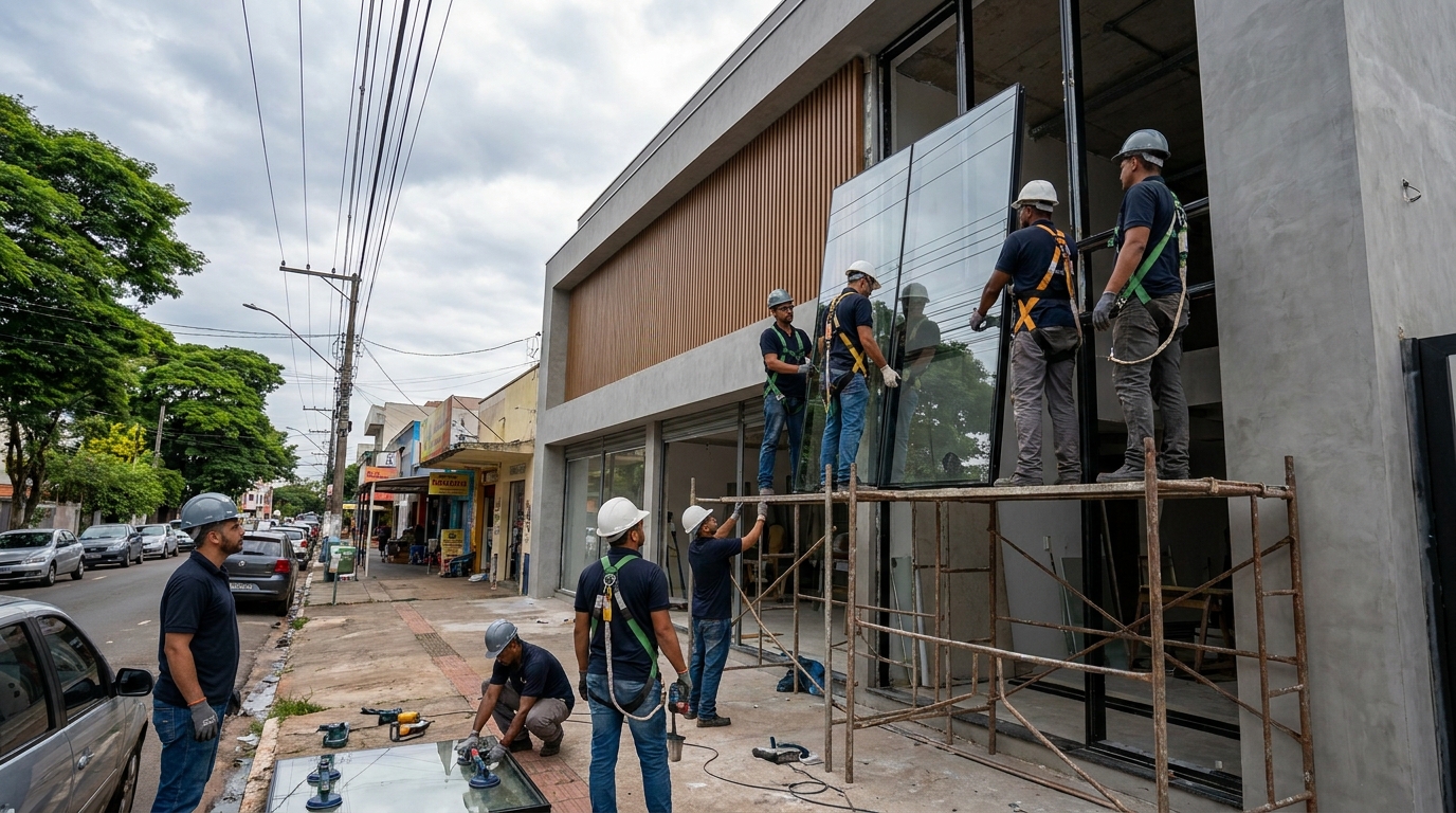Fachada de vidro com andaime lateral em Campos dos Goytacazes-RJ