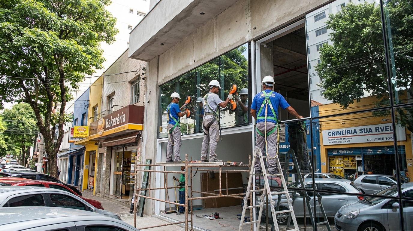 Fachada de vidro com confeitaria vizinha em Campos dos Goytacazes-RJ
