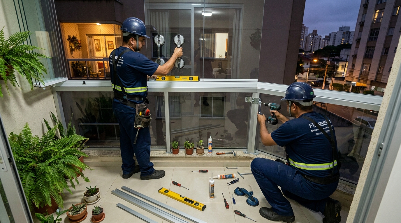 Instalação noturna de parede de vidro em Campos dos Goytacazes-RJ