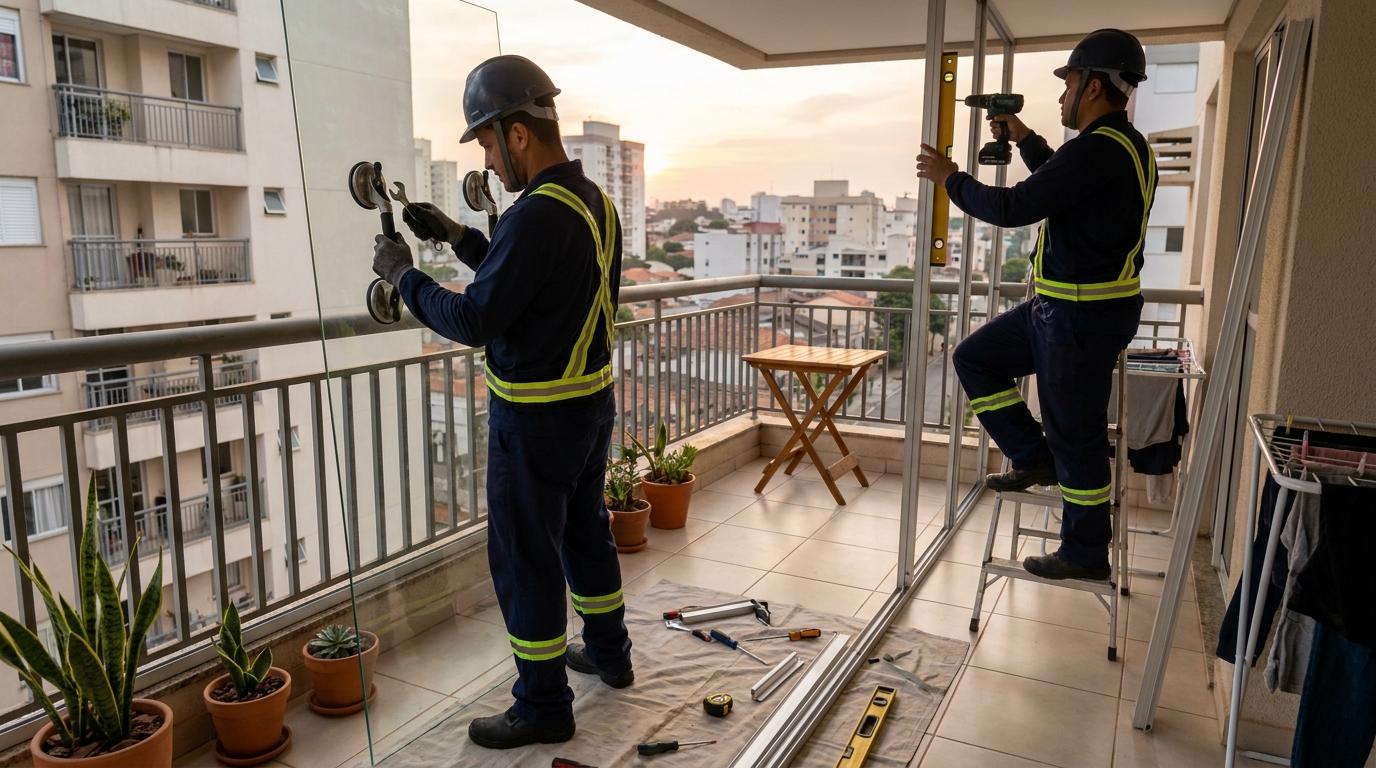 Instalação de parede de vidro em sacada em Campos dos Goytacazes-RJ