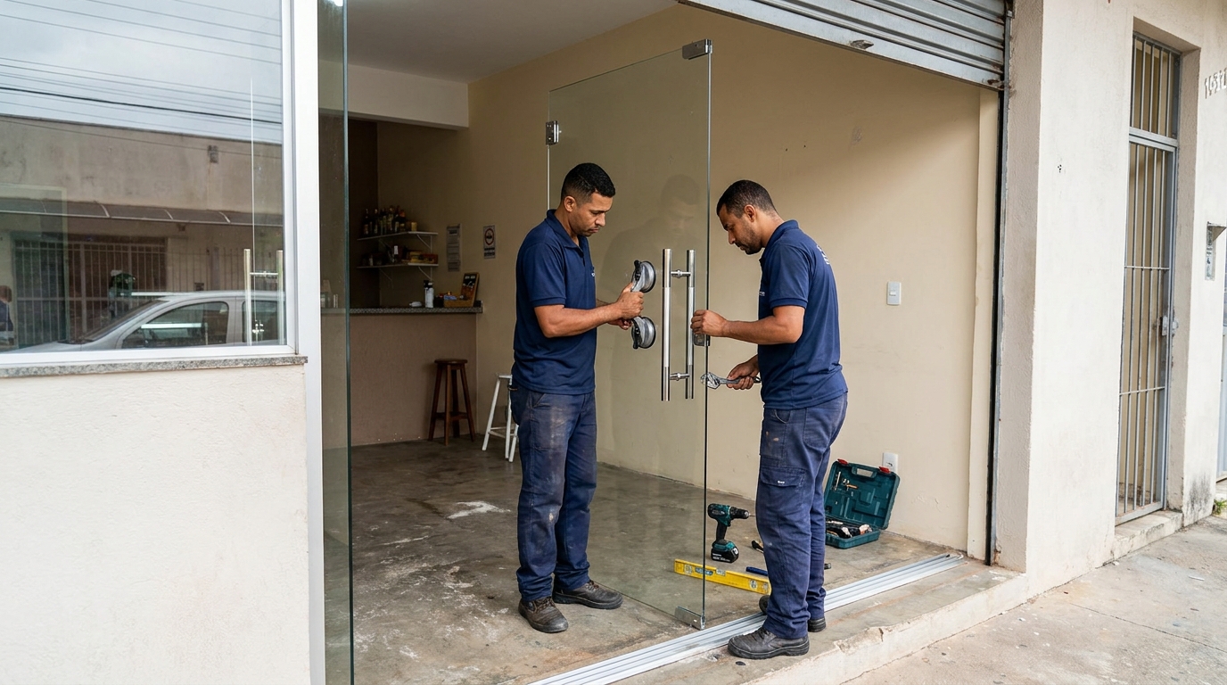 Dupla instalando porta de vidro em loja em Campos dos Goytacazes-RJ