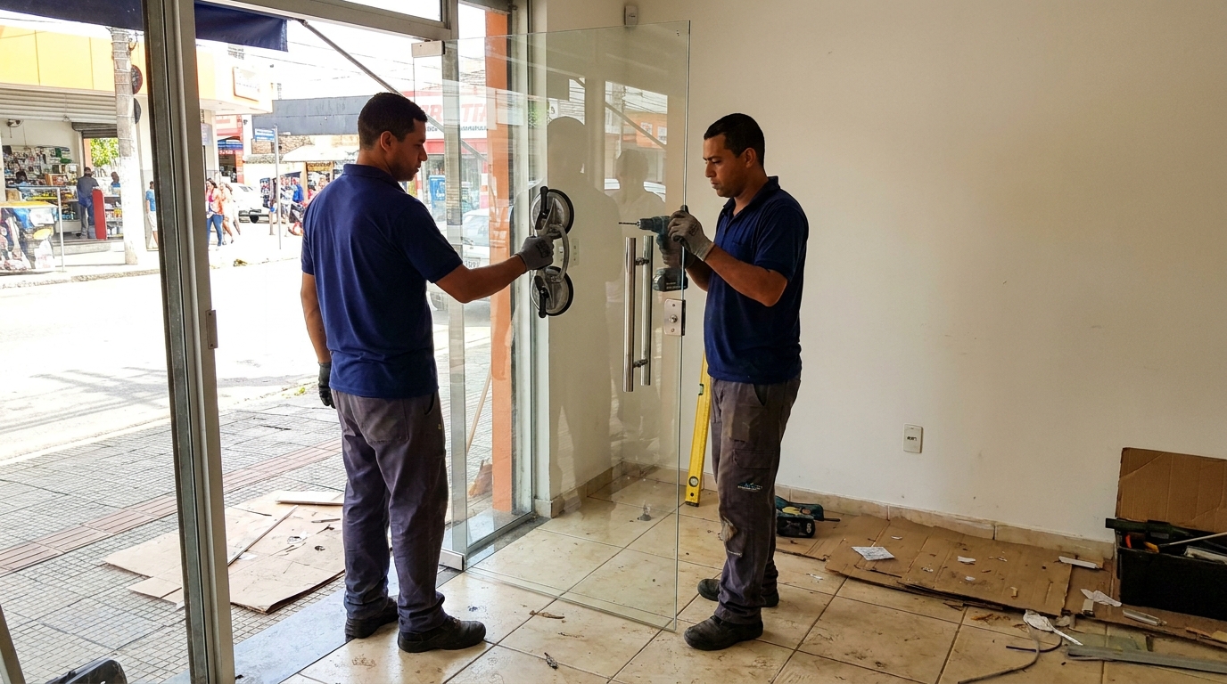 Porta de vidro de loja em rua movimentada em Campos dos Goytacazes-RJ